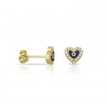 Sterling Silver Yellow Gold Plated Evil Eye Stud Earrings With Navy Blue Enamel & CZ
