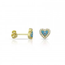 Sterling Silver Yellow Gold Plated Evil Eye Stud Earrings With Blue Enamel & CZ