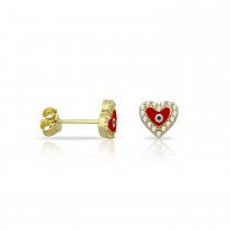 Sterling Silver Yellow Gold Plated Evil Eye Stud Earrings With Red Enamel & CZ