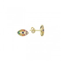 Sterling Silver Yellow Gold Plated Evil Eye Stud Earrings With Multi Color CZ