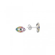 Sterling Silver Rhodium Plated Evil Eye Stud Earrings With Multi Color CZ