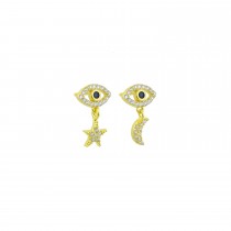Sterling Silver Yellow Gold Plated Evil Eye Star & Moon Stud Earrings With Sapphire & CZ