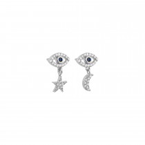 Sterling Silver Rhodium Plated Evil Eye Star & Moon Stud Earrings With Sapphire & CZ