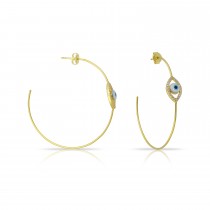 Sterling Silver Yellow Gold Plated Evil Eye Hoop Earrings With Cubic Zirconia