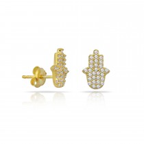 Sterling Silver Yellow Gold Plated Hamsa Stud Earrings With CZ