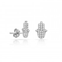 Sterling Silver Rhodium Plated Hamsa Stud Earrings With CZ