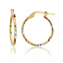 14K Tri-color Gold Diamond Cut 1.5x15mm Round Hoop Earrings