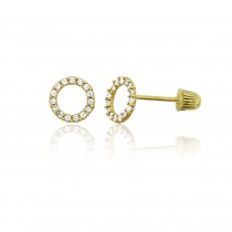 14K Yellow Gold Micropave Open Circle Hat Screw Back Stud Earring