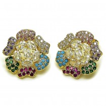 Gold Filled Stud Earrings Flower Design with White and Multicolor Cubic Zirconia,Polished Golden Finish