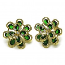 Gold Filled  Stud Earrings Flower Design with Green and White Cubic Zirconia Diamond Cutting Finish Golden Finish