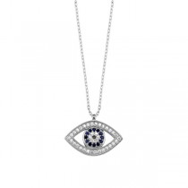 Sterling Silver Rhodium Plated Evil Eye Necklace With Sapphire & CZ