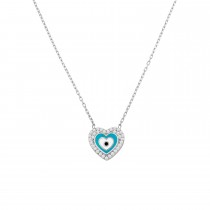 Sterling Silver Rhodium Plated Heart Evil Eye Necklace With Enamel & CZ