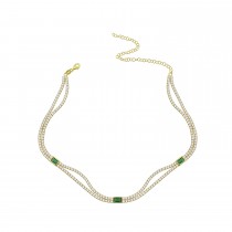 Sterling Silver Yellow Gold Plated Dainty Double Row Tennis Necklace With Emerald & Clear CZ