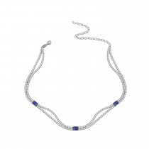 Sterling Silver Rhodium Plated Dainty Double Row Tennis Necklace With Sapphire & Clear CZ