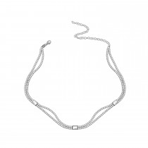 Sterling Silver Rhodium Plated Dainty Double Row Tennis Necklace With Clear CZ