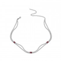 Sterling Silver Rhodium Plated Dainty Double Row Tennis Necklace With Ruby & Clear CZ