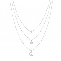 Sterling Silver Rhodium Plated 3 Layers Star & Moon Necklace With CZ