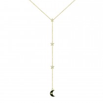 Sterling Silver Yellow Gold Plated Star & Moon Lariat Necklace With Enamel & CZ