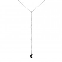Sterling Silver Rhodium Plated Star & Moon Lariat Necklace With Enamel & CZ