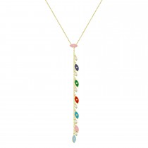 Sterling Silver Yellow Gold Plated Evil Eye Lariat Charm Necklace With Multicolor Enamel & CZ