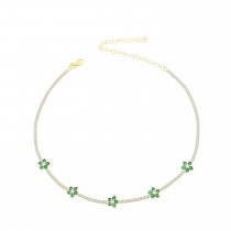 Sterling Silver Yellow Gold Plated Flower Station Tennis Necklace With Emerald & White Cubic Zirconia