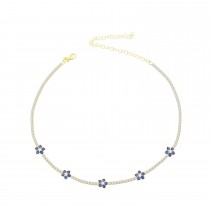 Sterling Silver Yellow Gold Plated Flower Station Tennis Necklace With Sapphire & White Cubic Zirconia