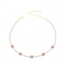Sterling Silver Yellow Gold Plated Flower Station Tennis Necklace With Ruby & White Cubic Zirconia
