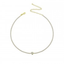 Sterling Silver Yellow Gold Plated Heart Center Stone Choker Tennis Necklace With Cubic Zirconia