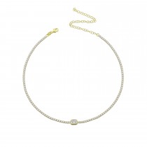 Sterling Silver Yellow Gold Plated Emerald Cut Center Stone Choker Tennis Necklace With Cubic Zirconia