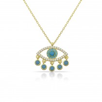 Sterling Silver Yellow Gold Plated Evil Eye Necklace With Turquoise & Clear CZ