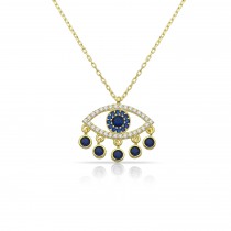 Sterling Silver Yellow Gold Plated Evil Eye Necklace With Sapphire & Clear CZ