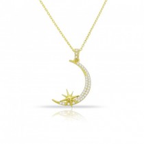 Sterling Silver Yellow Gold Plated Star & Moon Necklace With CZ