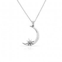 Sterling Silver Rhodium Plated Star & Moon Necklace With CZ