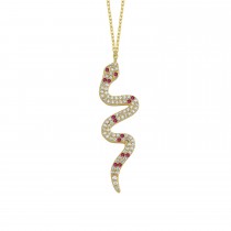 Sterling Silver Yellow Gold Plated Snake Necklace With Ruby & Clear CZ