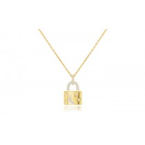 Sterling Silver Yellow Gold Plated Pad Lock Star Moon Necklace With CZ 16+2"
