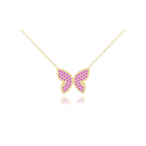 Sterling Silver Yellow Gold Plated Butterfly Necklace With Pink CZ 16+2"