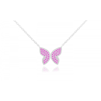 Sterling Silver Rhodium Plated Butterfly Necklace With Pink CZ 16+2"
