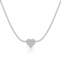 Sterling Silver Rhodium Plated Heart Tennis Choker Necklace With CZ