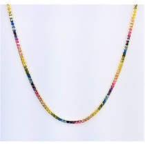 925 Sterling Silver Yellow Gold Plated 16" Long Square Cut Multicolor Rainbow Cubic Zirconia Tennis Necklace