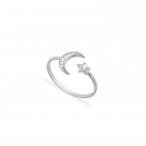 Sterling Silver Rhodium Plated Star & Moon Ring With CZ