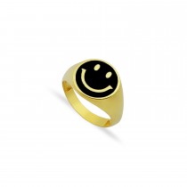 Sterling Silver Yellow Gold Plated Black Enamel Smiley Face Ring