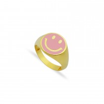 Sterling Silver Yellow Gold Plated Baby Pink Enamel Smiley Face Ring
