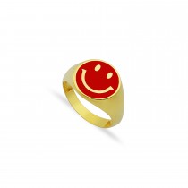 Sterling Silver Yellow Gold Plated Red Enamel Smiley Face Ring