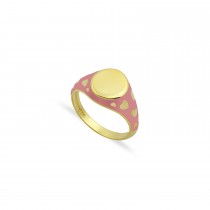 Sterling Silver Yellow Gold Plated Signet Ring With Pink Enamel Heart Design