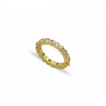 Sterling Silver Yellow Gold Plated Evil Eye Rings With Pink Enamel & CZ