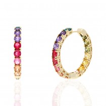 925 Sterling Silver Yellow Gold Plated Round Cut Rainbow Multi Color Cubic Zirconia Hoop Earrings