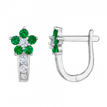 925 Sterling Silver Flower Emerald Huggies Earrings
