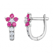 925 Sterling Silver Flower Ruby Huggies Earrings