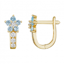 925 Sterling Silver Yellow Gold Plated Blue Topaz Flower CZ Huggies Earrings