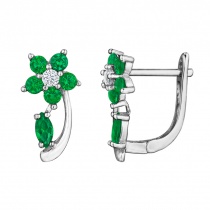 925 Sterling Silver Rhodium Plated Flower Emerald Huggies Earrings